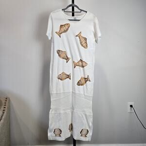Vintage Fish Print Maxi T-Shirt Dress Cotton White USA Made OOAK Small Quirky